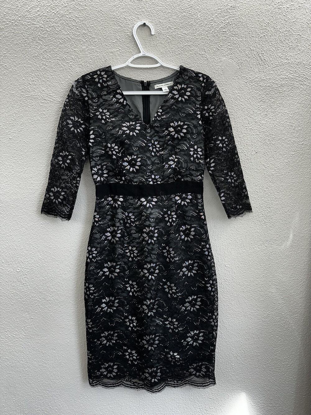 Banana Republic Womens Dress Size 0 Black Silver Floral Lace Cocktail Halfsleeve